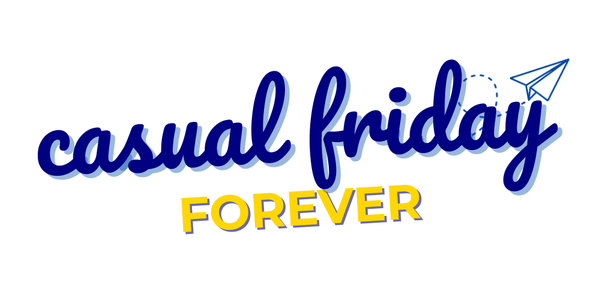 Text 'casual friday FOREVER' in blue and yellow on a white background